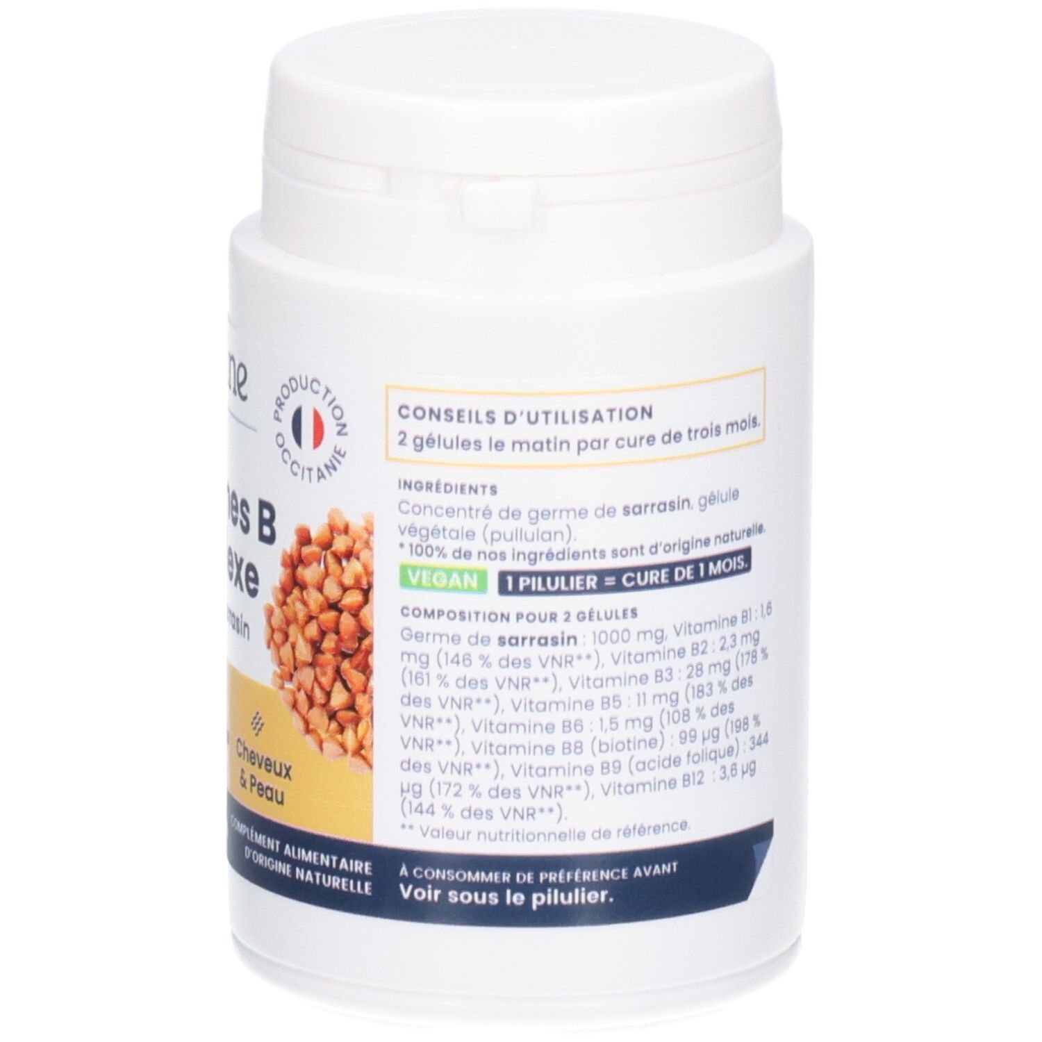 Arrière d'un pot de capsules Vitamines B complexe, avec conseils d'utilisation et ingrédients.