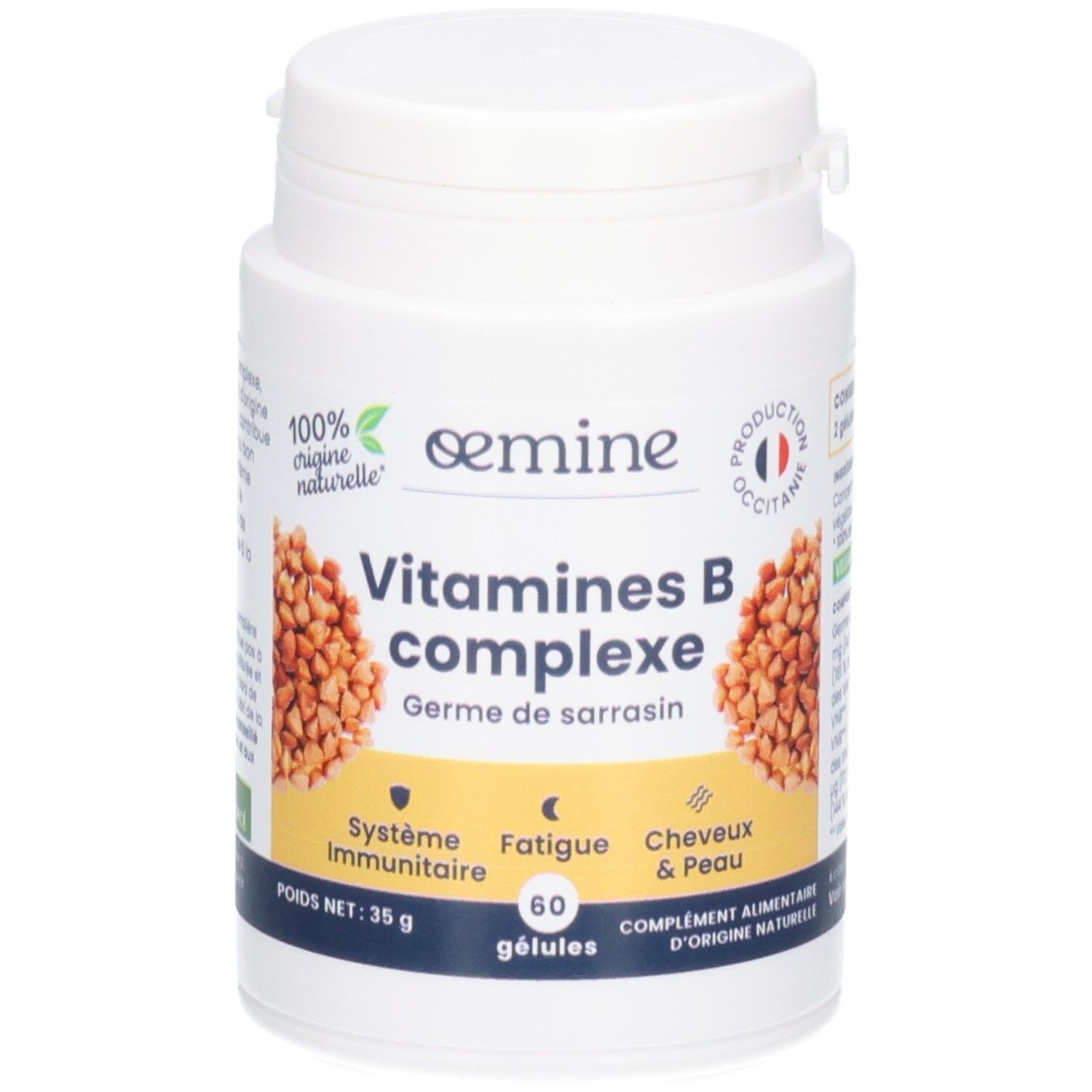 Vue de face d'un pot de capsules Vitamines B complexe, mettant en avant les germes de sarrasin et bénéfices.