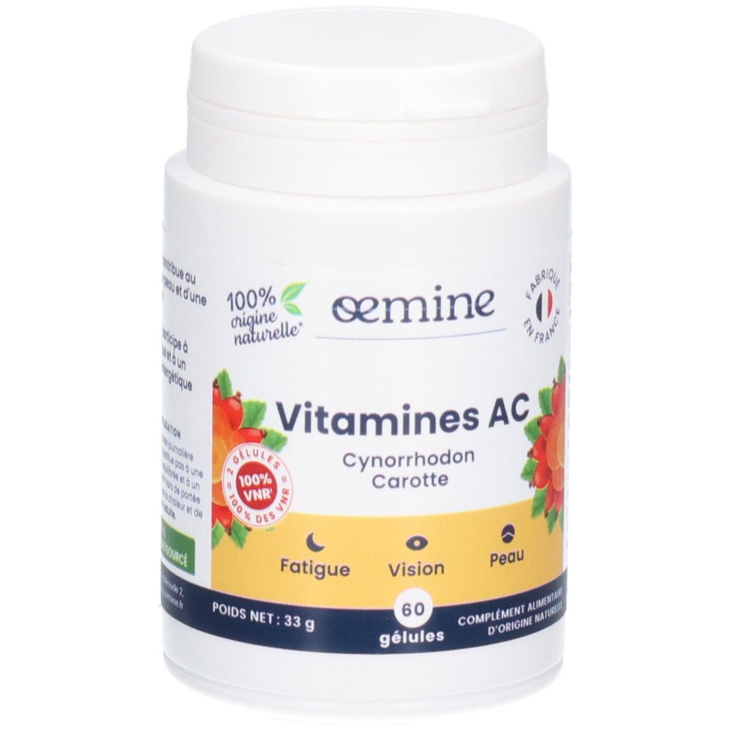 Pot blanc OEMINE Vitamines AC, 60 gélules. Contient carotte et cynorhodon.