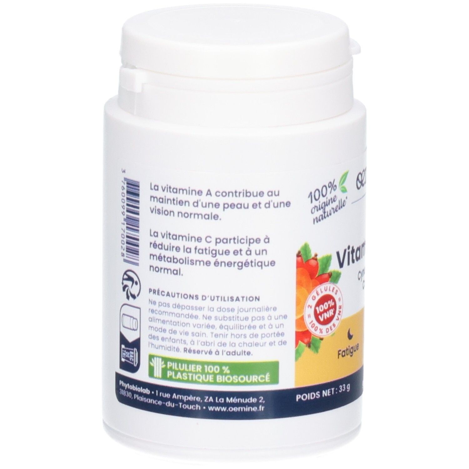Arrière du pot OEMINE Vitamines AC. Informations sur les vitamines A et C.
