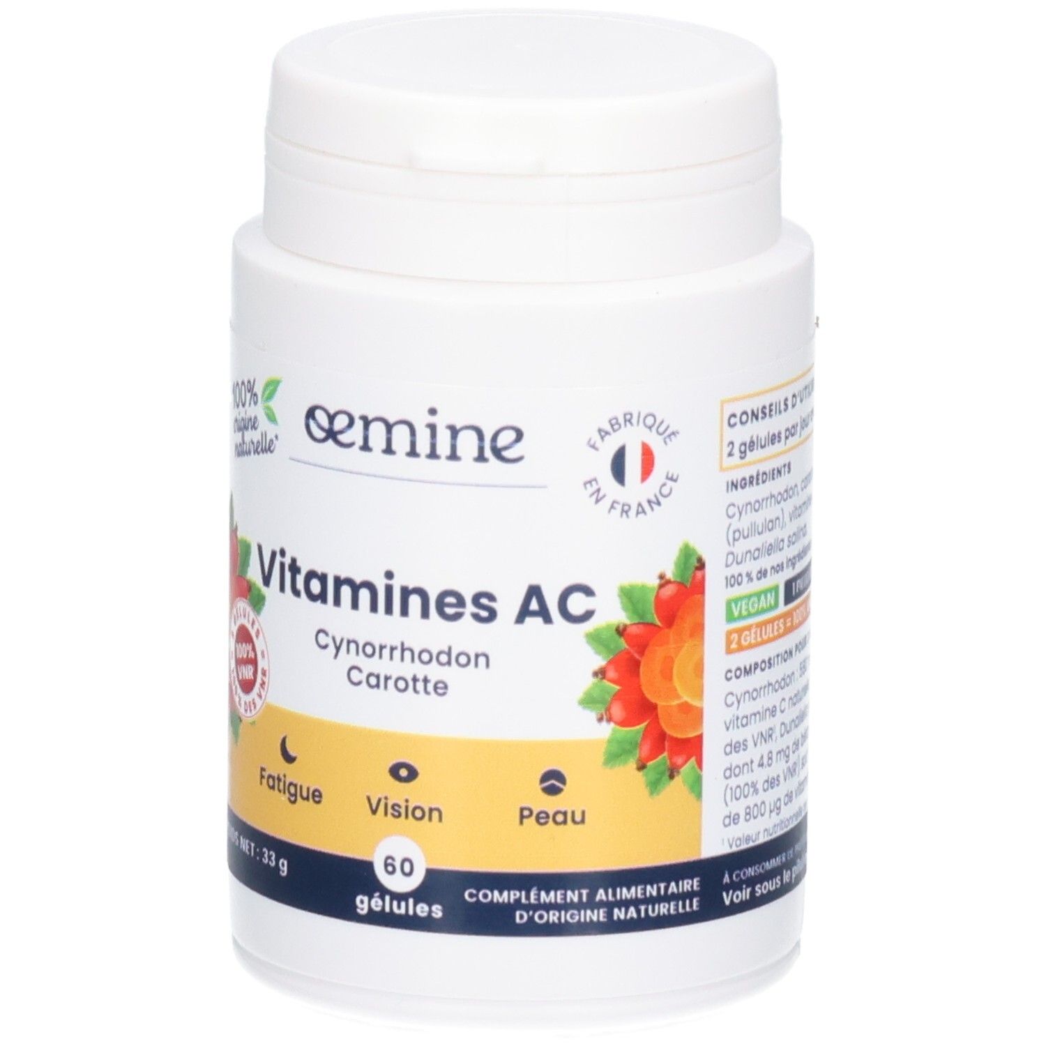 Avant du pot OEMINE Vitamines AC. "Fabriqué en France", 60 gélules.