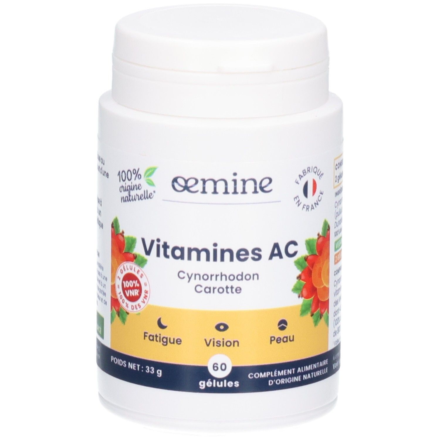 Avant du pot OEMINE Vitamines AC. "100% origine naturelle".
