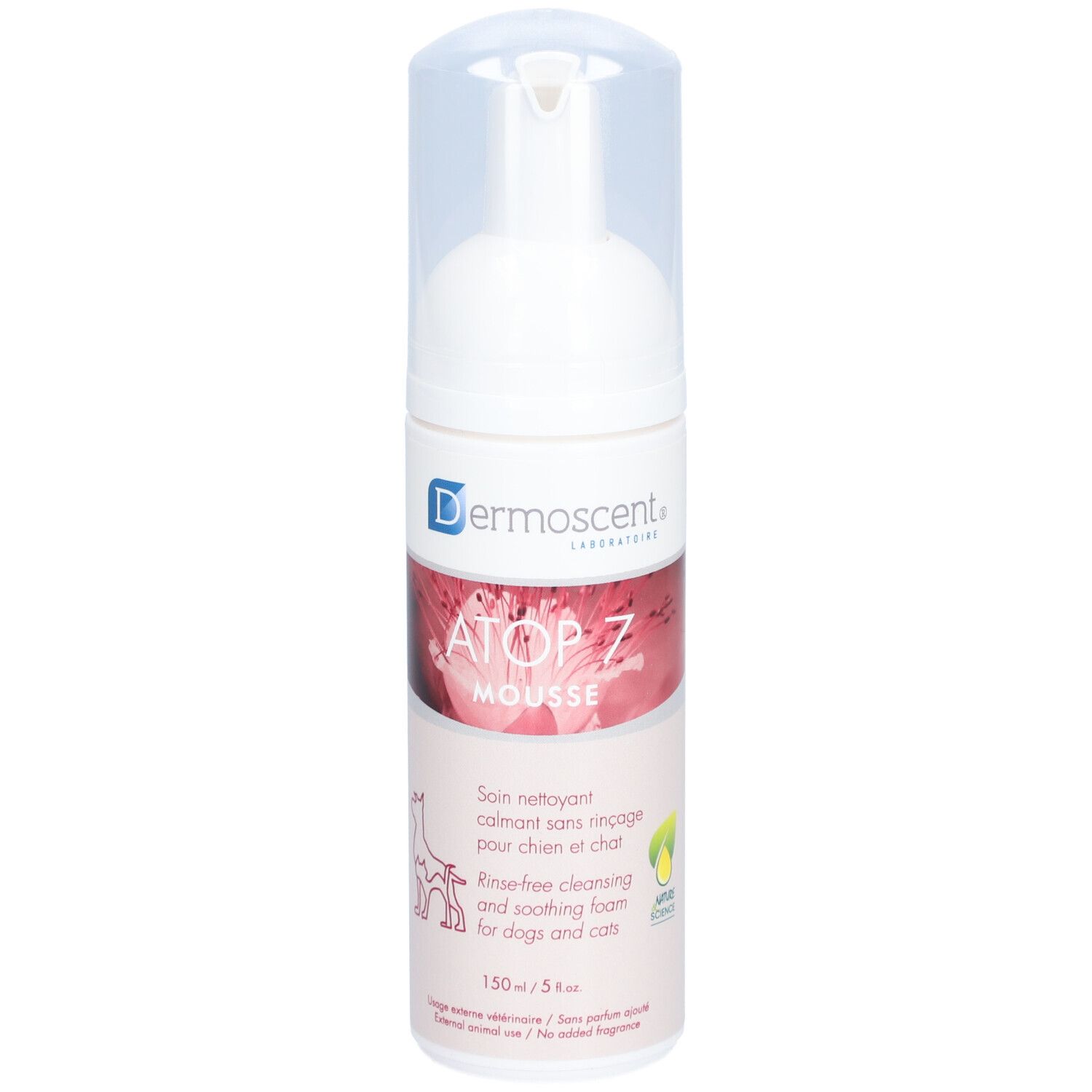 Flacon blanc avec bouchon transparent. Inscriptions: Dermoscent, ATOP 7 Mousse. Pour chiens et chats.