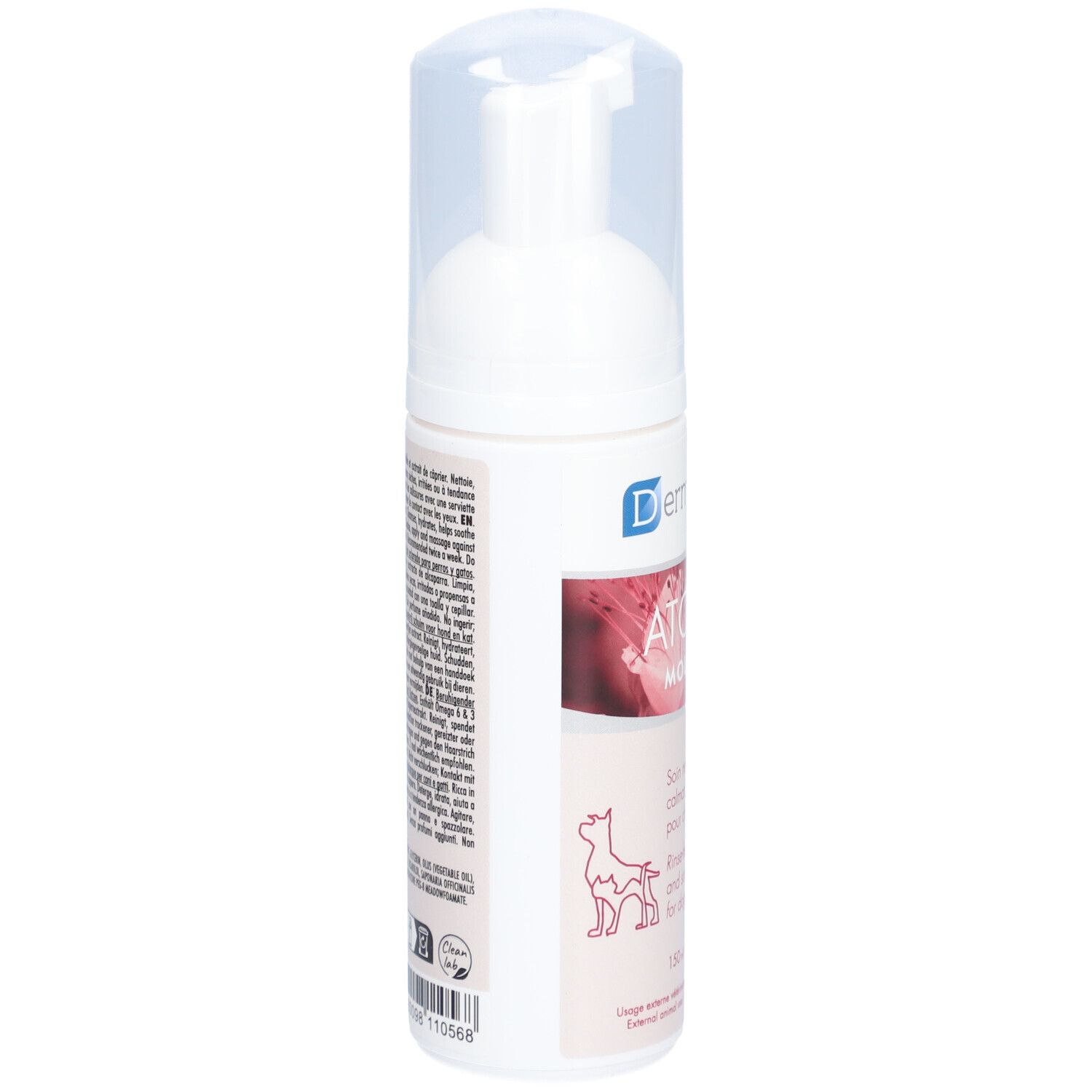 Flacon blanc avec bouchon transparent. Inscriptions: Dermoscent, ATOP 7 Mousse. Texte au dos.