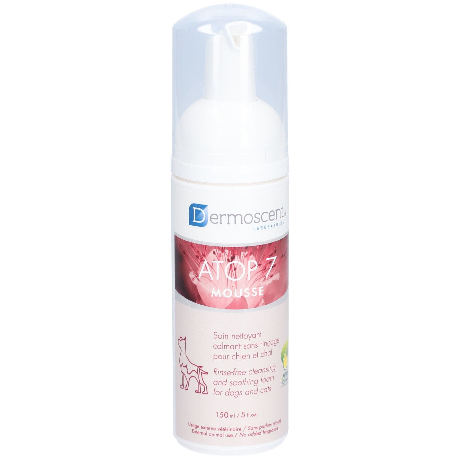 Flacon blanc avec bouchon transparent. Inscriptions: Dermoscent, ATOP 7 Mousse. Pour chiens et chats.
