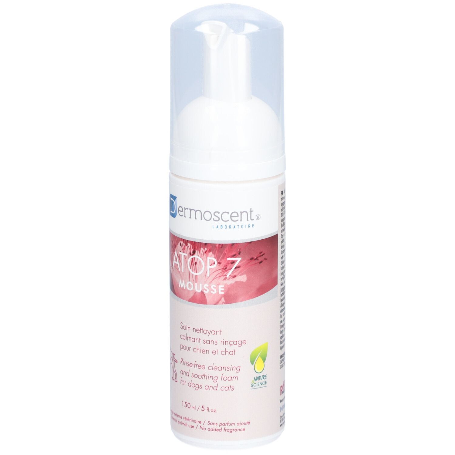 Flacon blanc avec bouchon transparent. Inscriptions: Dermoscent, ATOP 7 Mousse. Pour chiens et chats.