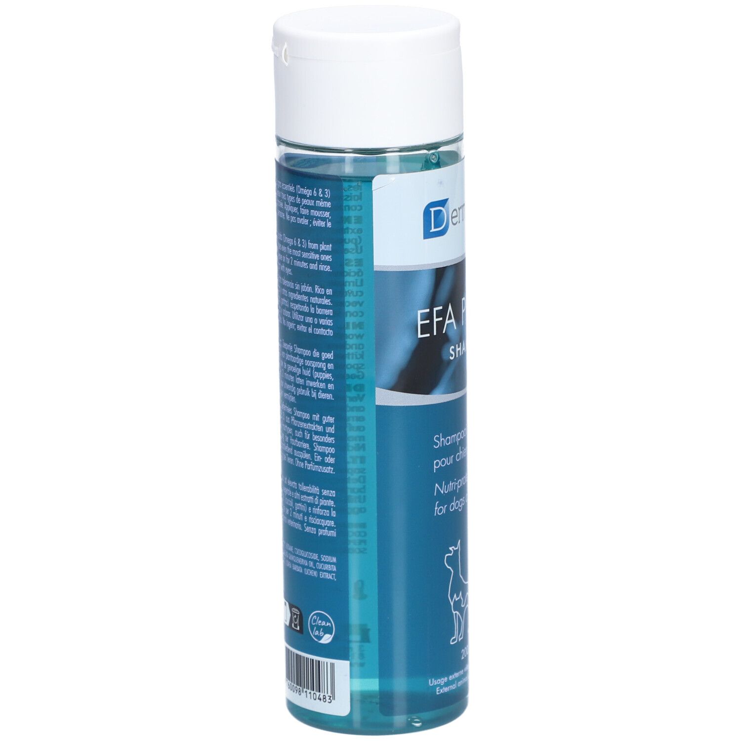 Flacon de shampooing Dermoscent EFA Physio. Dos avec texte multilingue. Liquide bleu, bouchon blanc.