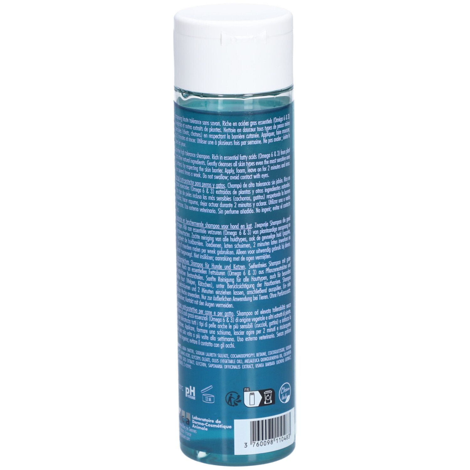 Flacon de shampooing Dermoscent EFA Physio. Dos avec texte multilingue. Liquide bleu, bouchon blanc.