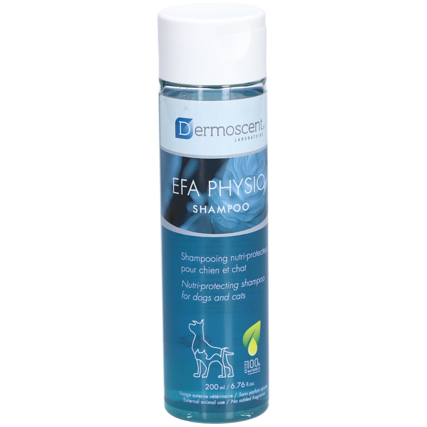 Flacon de shampooing Dermoscent EFA Physio. Bouchon blanc, liquide bleu. Inscription: EFA Physio Shampoo, pour chiens et chats.