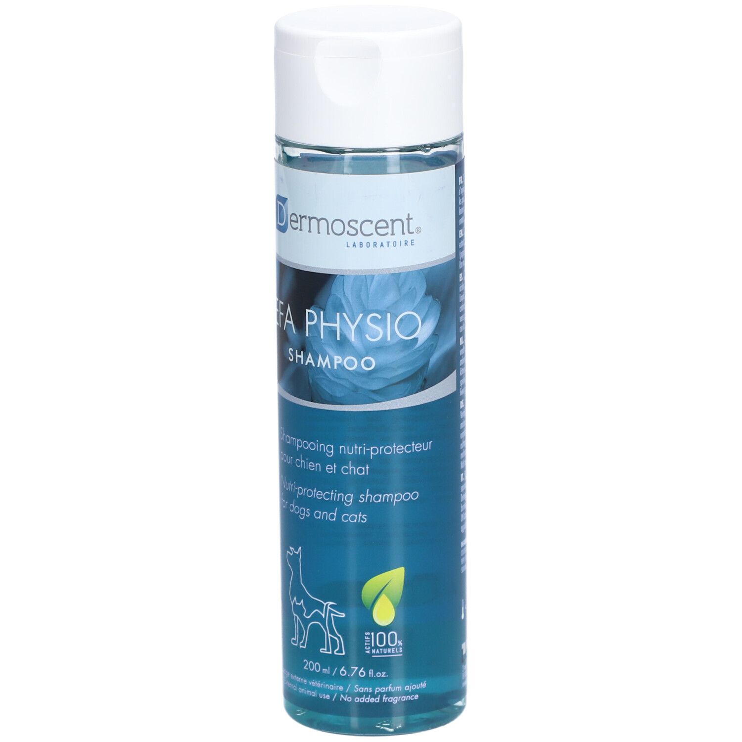 Flacon de shampooing Dermoscent EFA Physio. Bouchon blanc, liquide bleu. Inscription: EFA Physio Shampoo, pour chiens et chats.