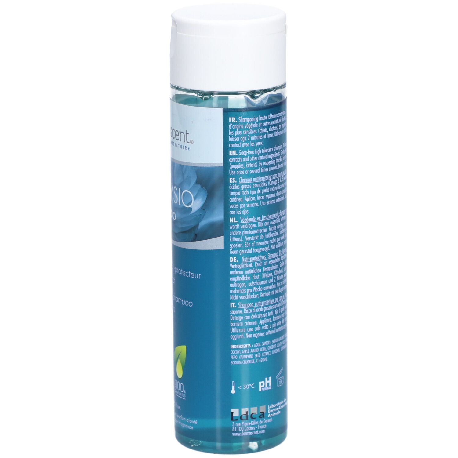 Flacon de shampooing Dermoscent EFA Physio. Dos avec texte multilingue. Liquide bleu, bouchon blanc.