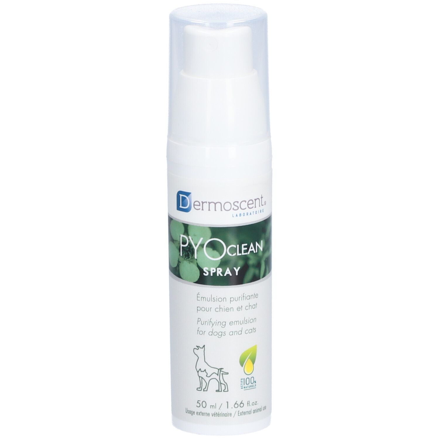 Flacon spray blanc avec bouchon transparent. Inscription: PYOCLEAN SPRAY. Émulsion pour chiens et chats. Logo: chien et feuille.