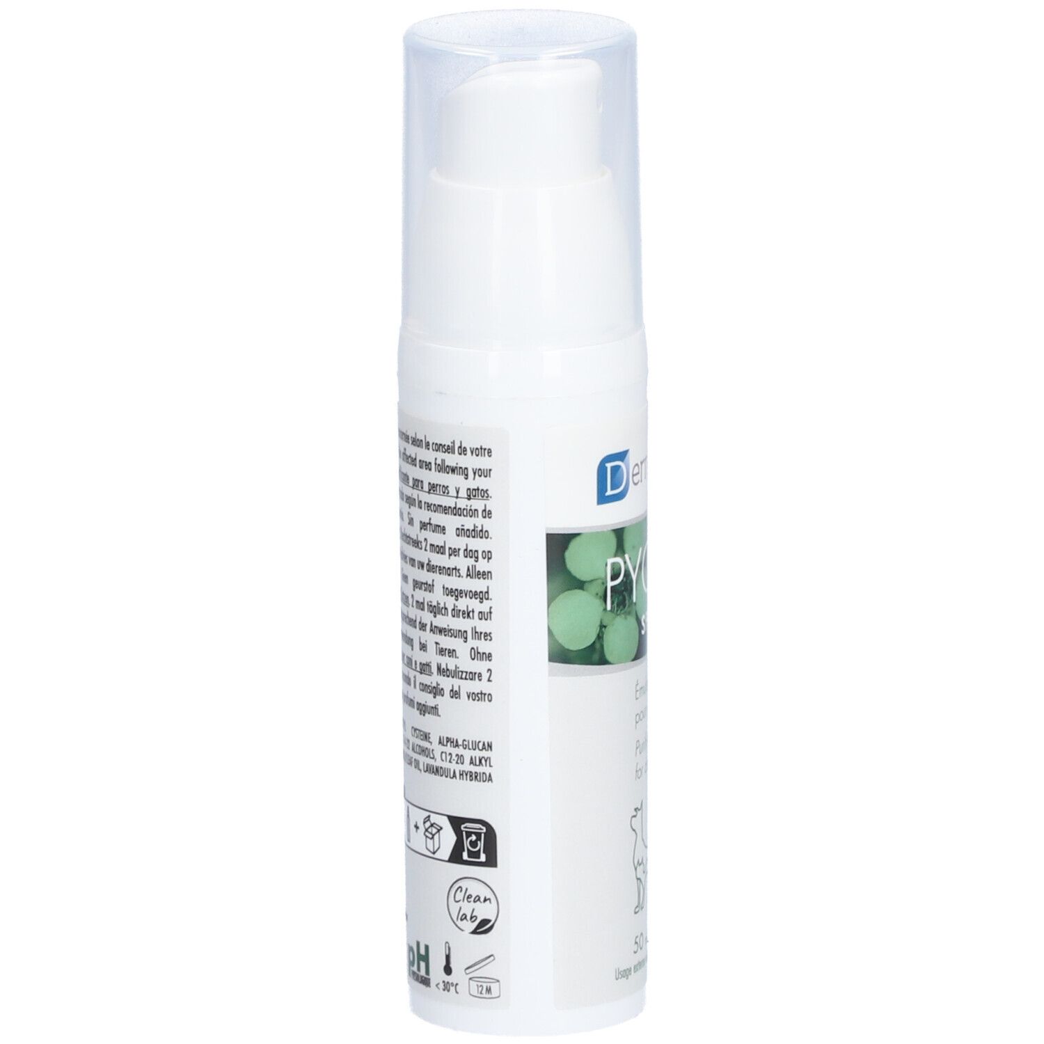 Flacon spray blanc avec bouchon transparent. Texte sur le côté. Logos et symboles. Texte en plusieurs langues.