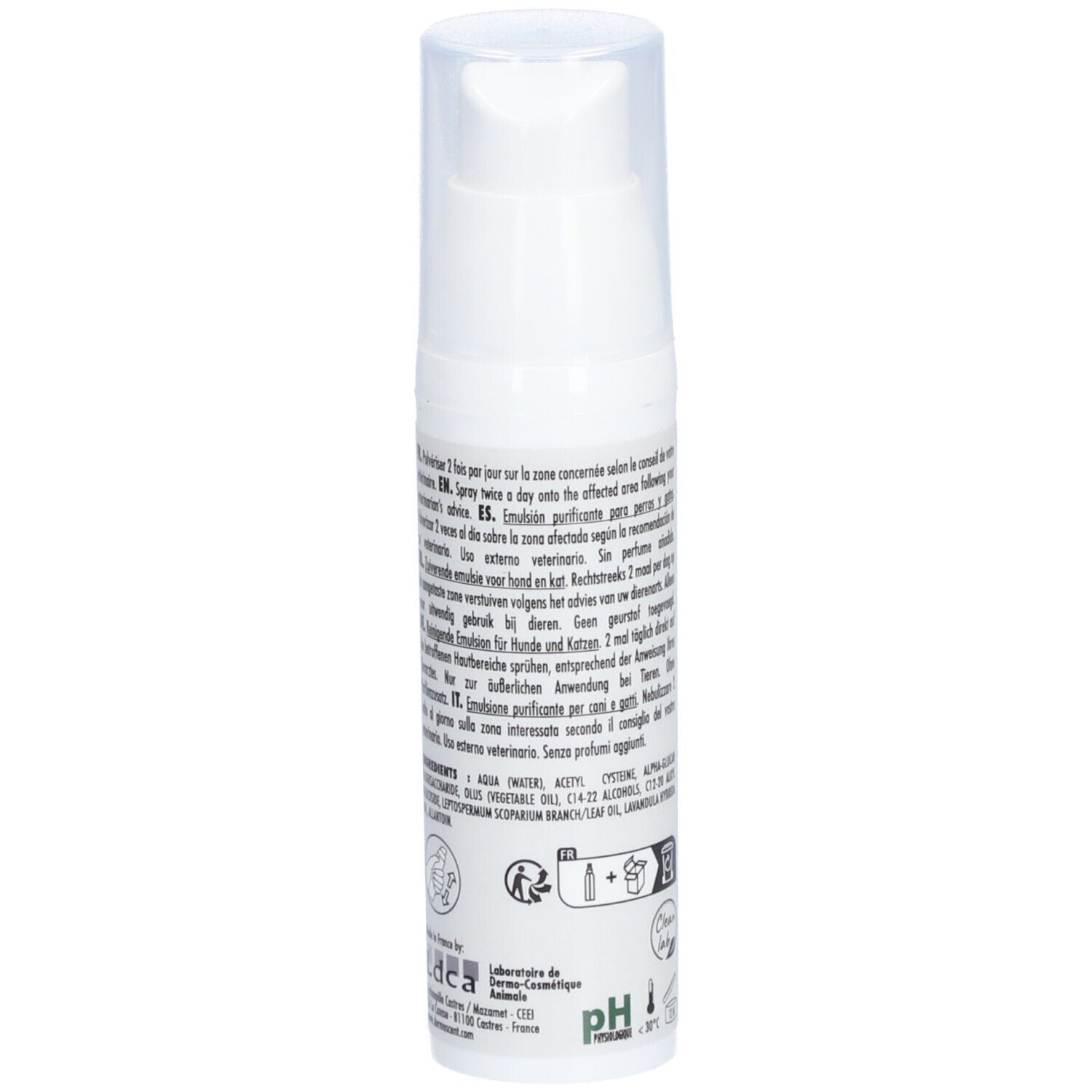 Flacon spray blanc avec bouchon transparent. Texte sur le côté. Logos et symboles. Texte en plusieurs langues.