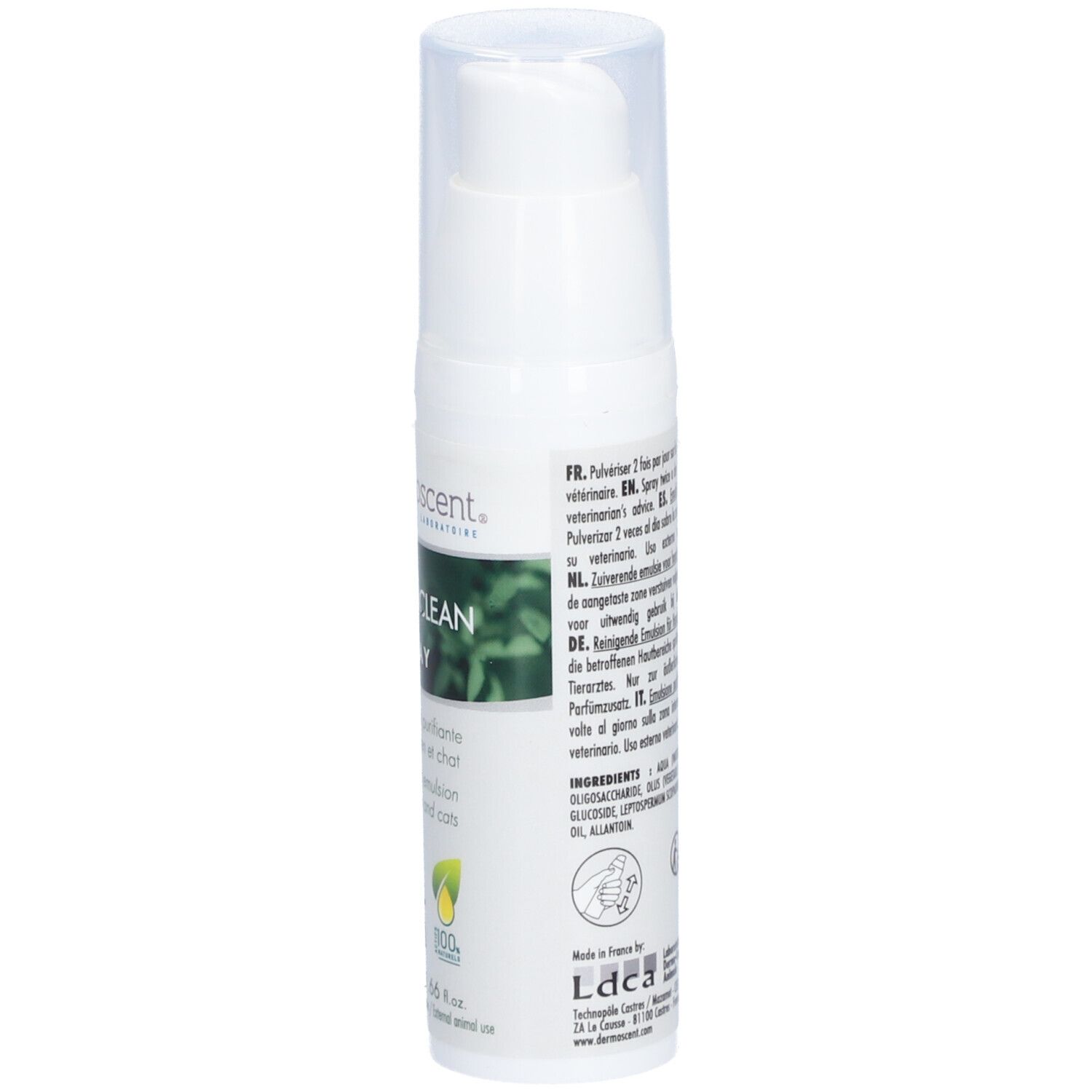Flacon spray blanc avec bouchon transparent. Texte sur le côté. Logos et symboles. Texte en plusieurs langues.