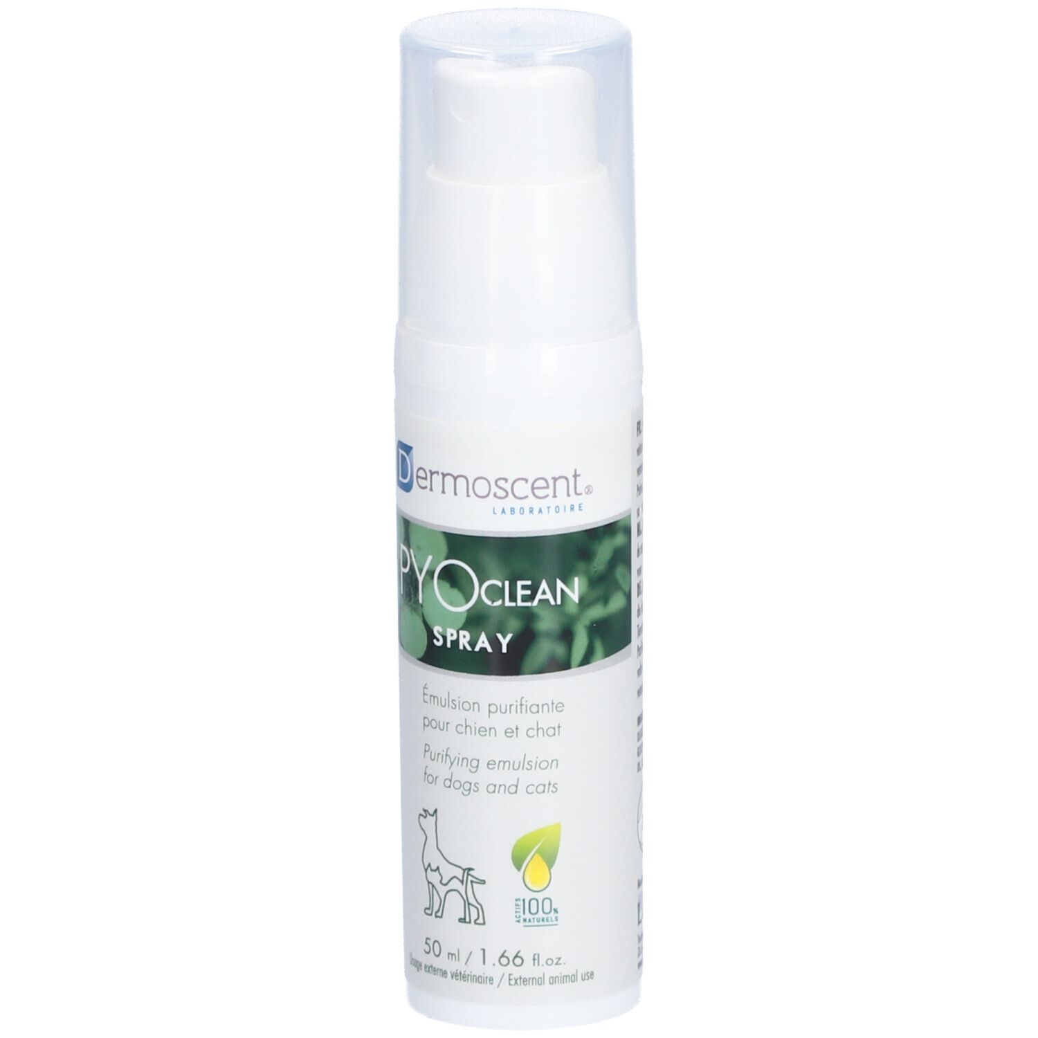 Flacon spray blanc avec bouchon transparent. Inscription: PYOCLEAN SPRAY. Émulsion pour chiens et chats. Logo: chien et feuille.