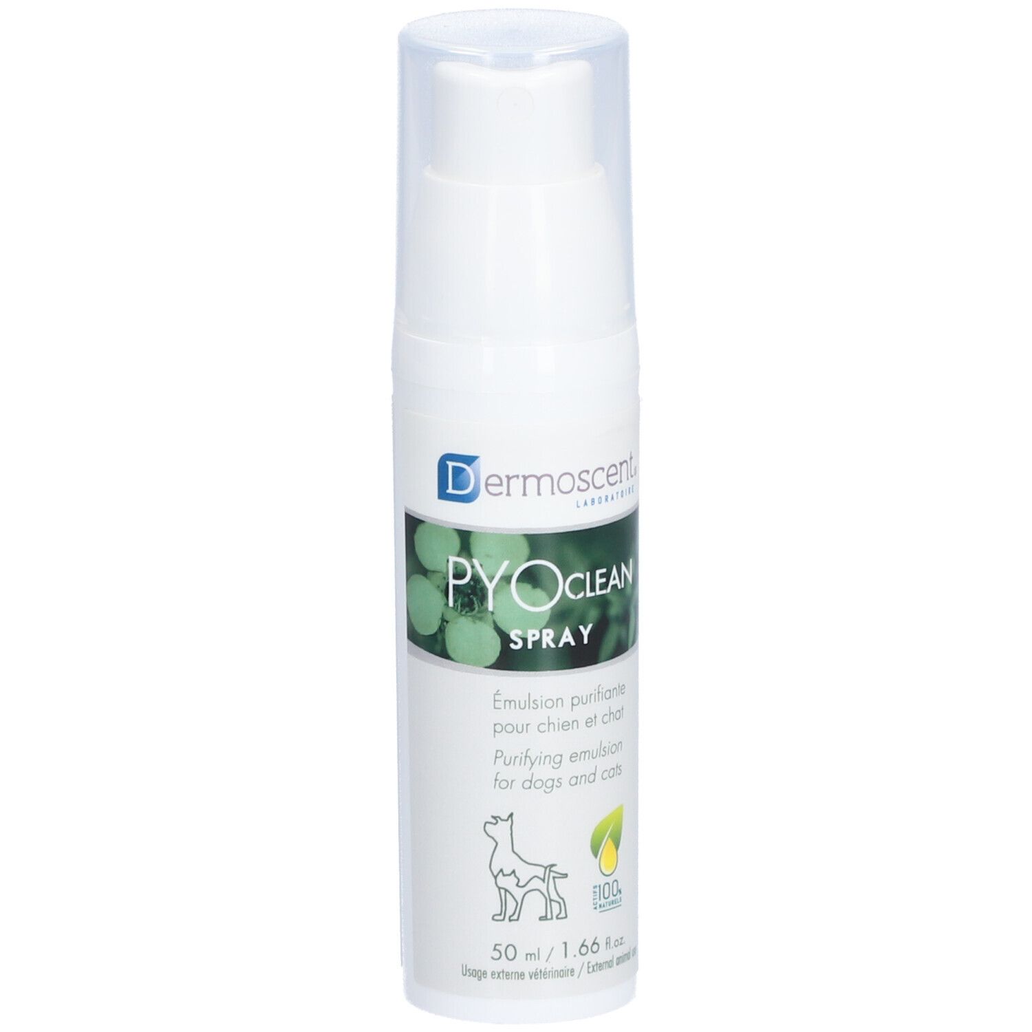 Flacon spray blanc avec bouchon transparent. Inscription: PYOCLEAN SPRAY. Émulsion pour chiens et chats. Logo: chien et feuille.