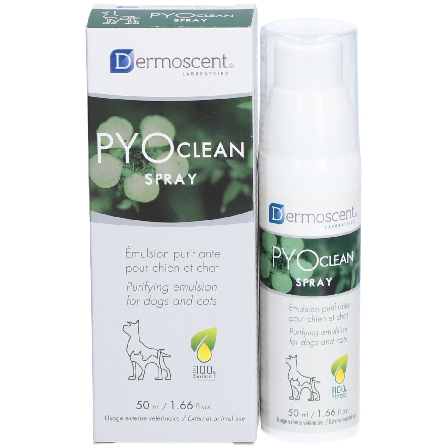 Produit et emballage. Flacon spray blanc et carton. Inscription: PYOCLEAN SPRAY. Émulsion pour chiens et chats. Logo: chien et feuille.