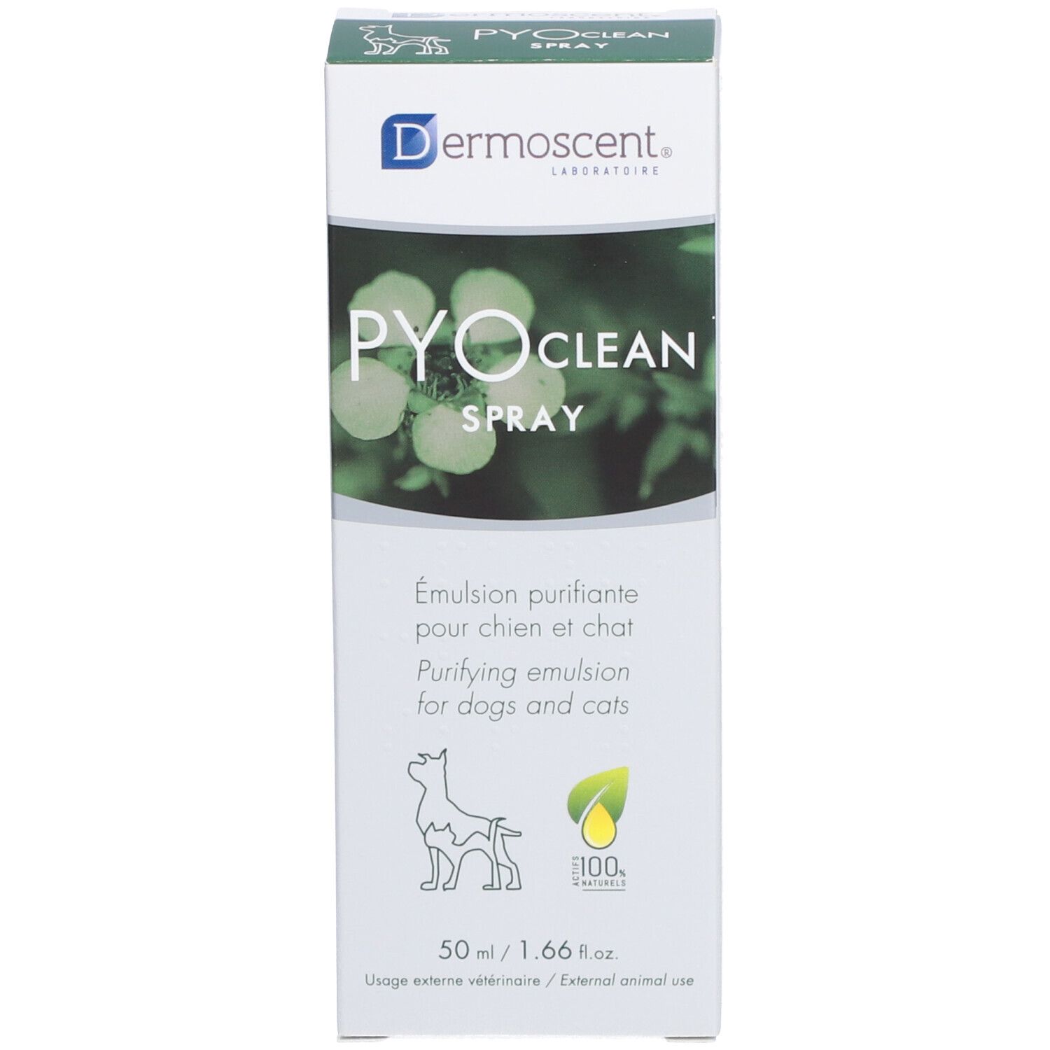 Emballage en carton. Inscription: PYOCLEAN SPRAY. Émulsion pour chiens et chats. Logo: chien et feuille. Couleurs vert et blanc.
