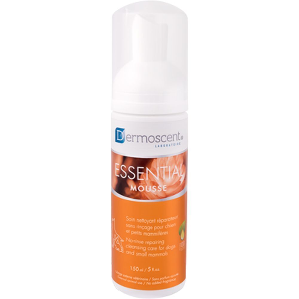 Mousse nettoyante pour chiens et petits mammifères. Contient le logo Dermoscent et le nom du produit.
