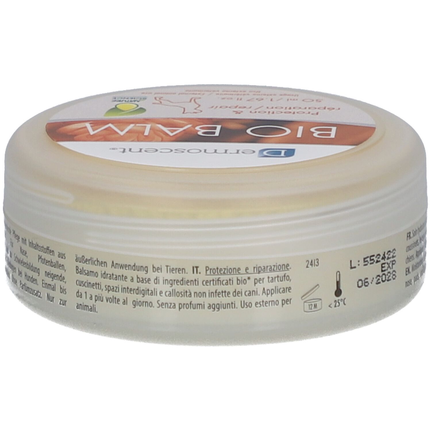 Pot rond avec inscription BIO BALM. Inscription : Protection & réparation/repair. Contient 50 ml. Durée de conservation : 06/2026.