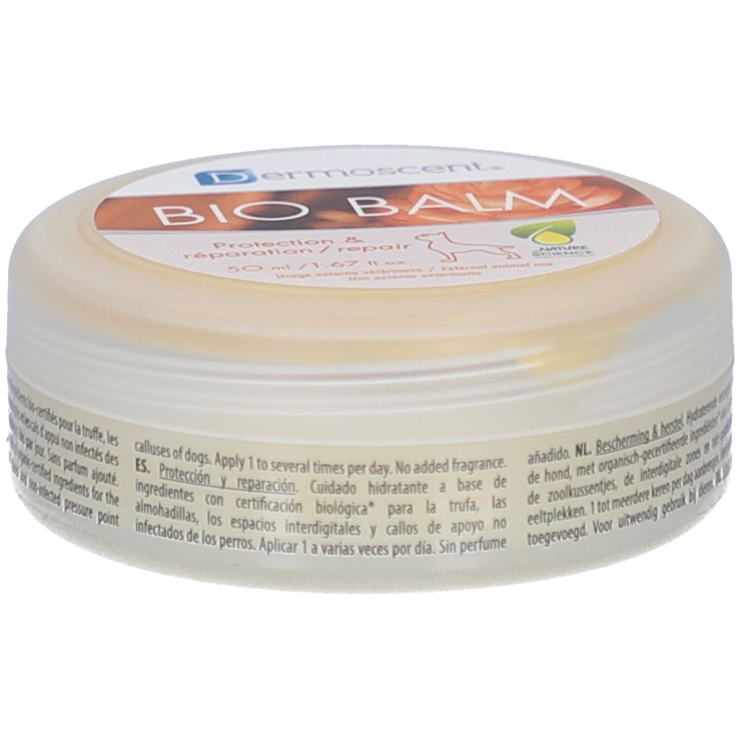 Pot rond avec inscription BIO BALM. Inscription : Protection & réparation/repair. Contient 50 ml. Avec certification.