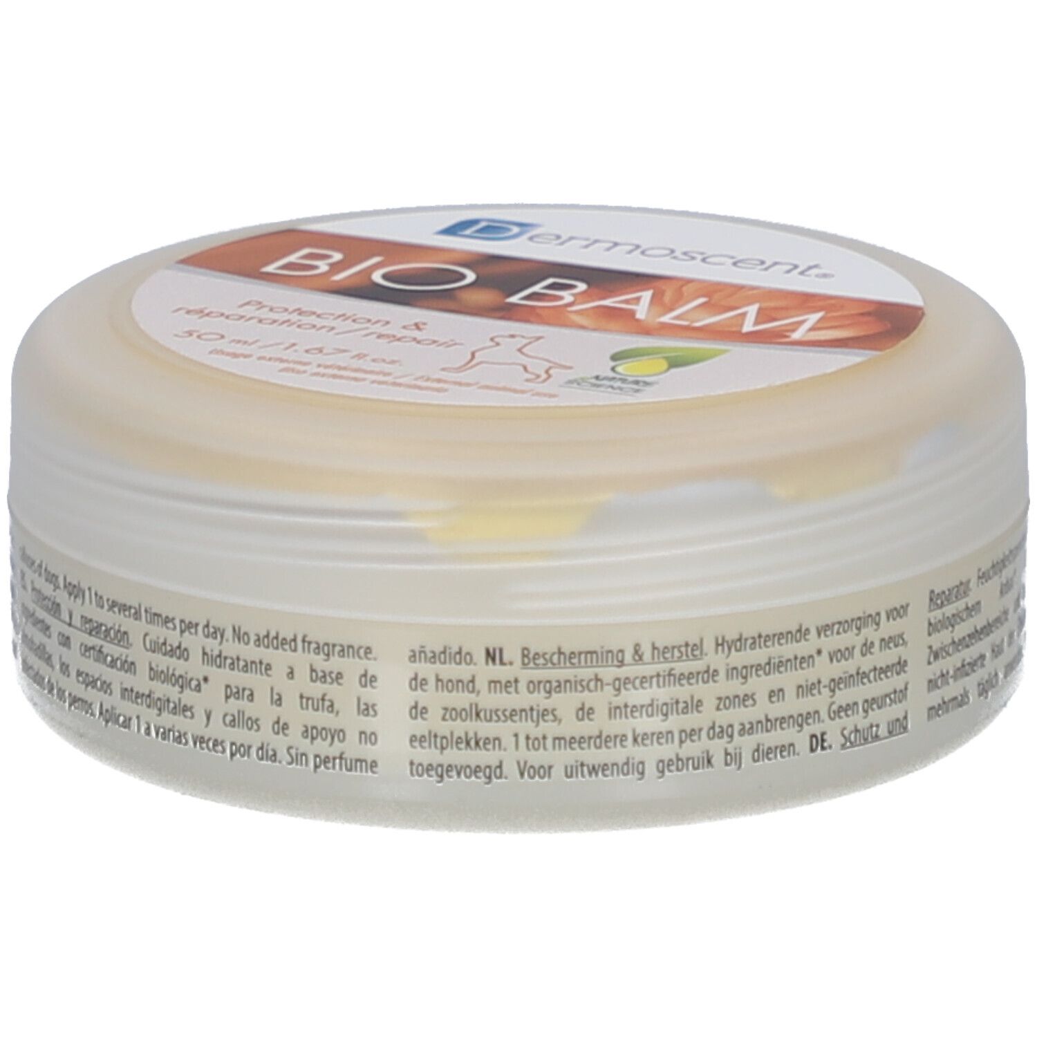 Pot rond avec inscription BIO BALM. Inscription : Protection & réparation/repair. Contient 50 ml. Avec certification.