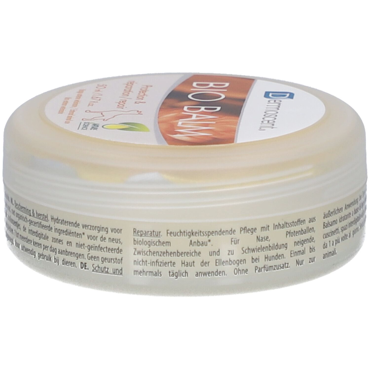Pot rond avec inscription BIO BALM. Inscription : Protection & réparation/repair. Contient 50 ml. Avec certification.