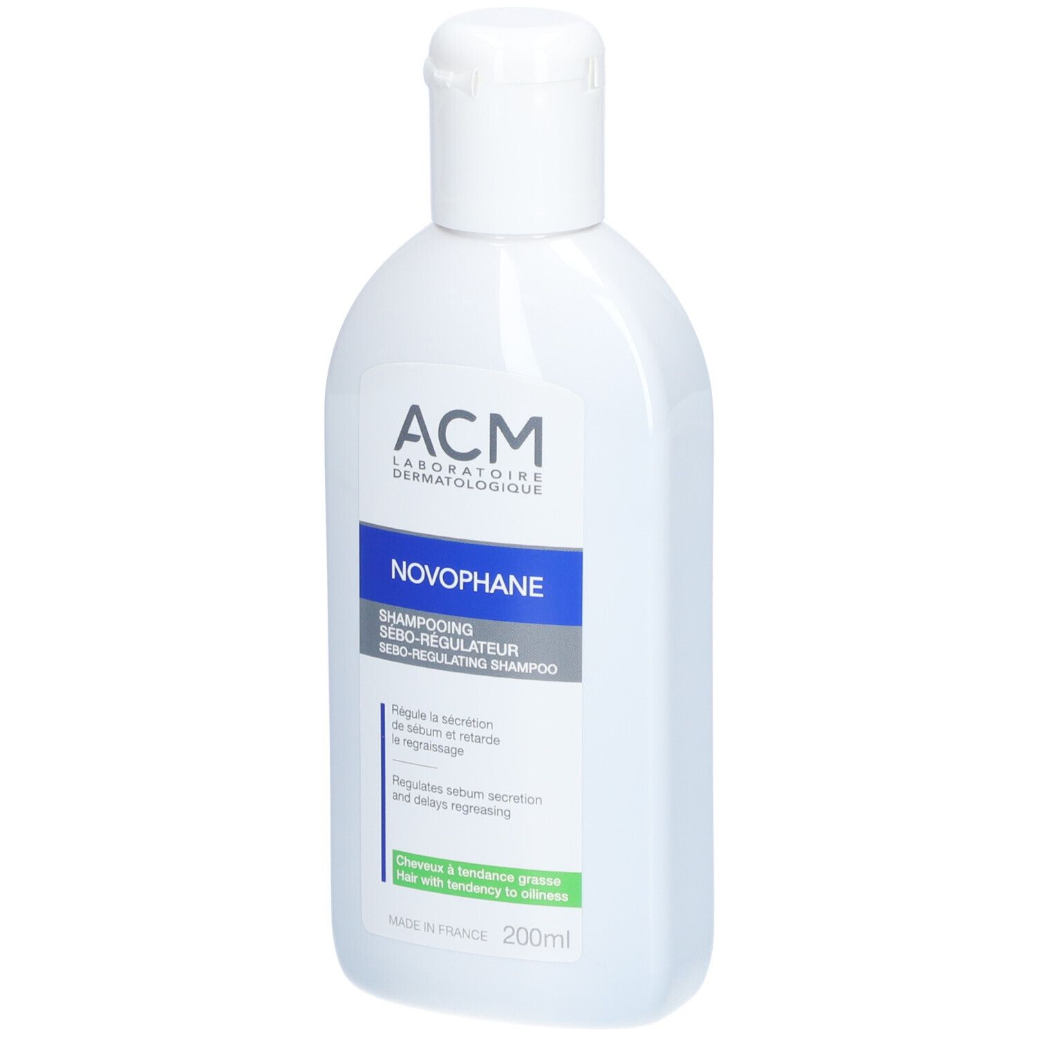 Flacon blanc avec bouchon rabattable. Inscriptions: ACM, Novophane, Shampooing Sébo-régulateur. 200ml.