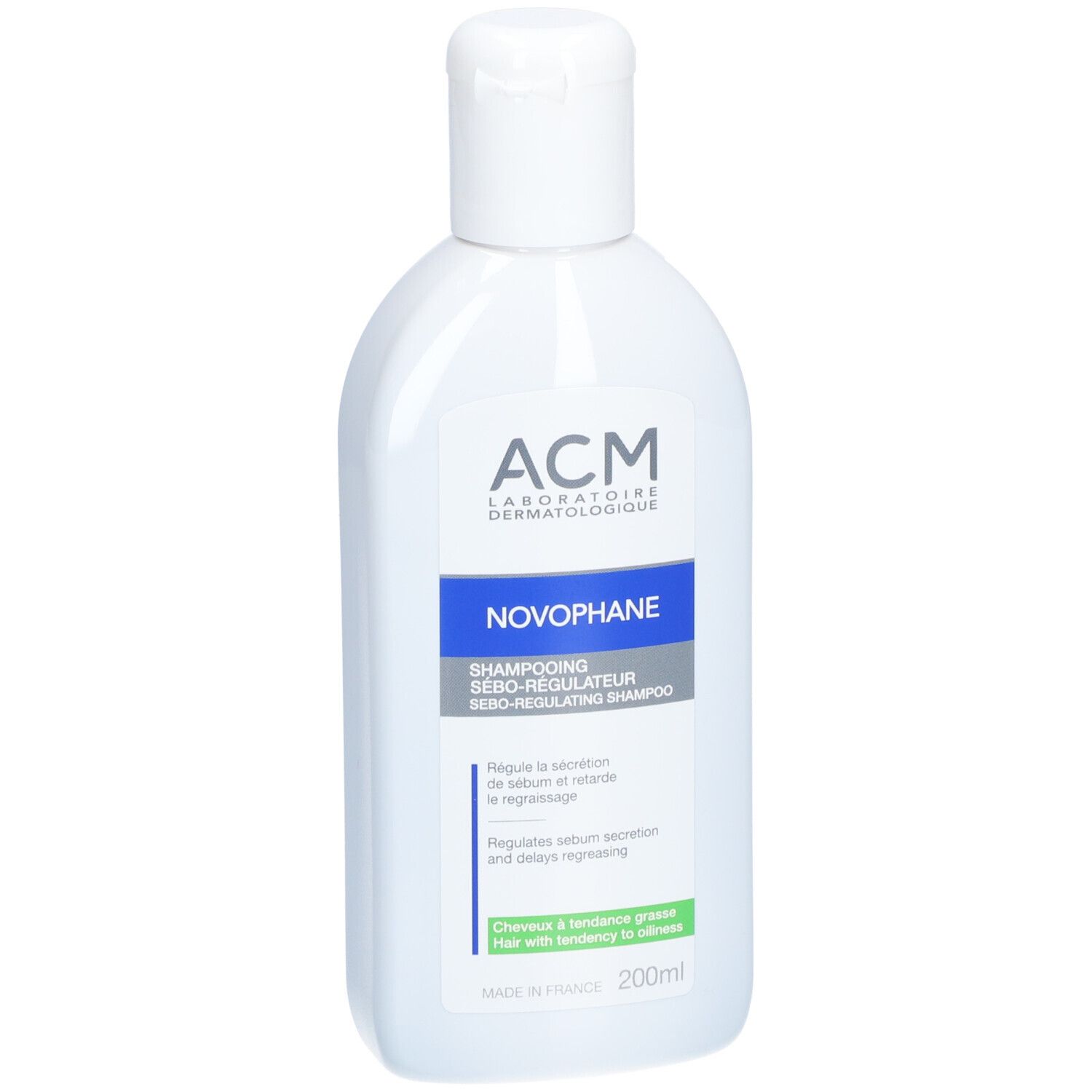 Flacon blanc avec bouchon rabattable. Inscriptions: ACM, Novophane, Shampooing Sébo-régulateur. 200ml.