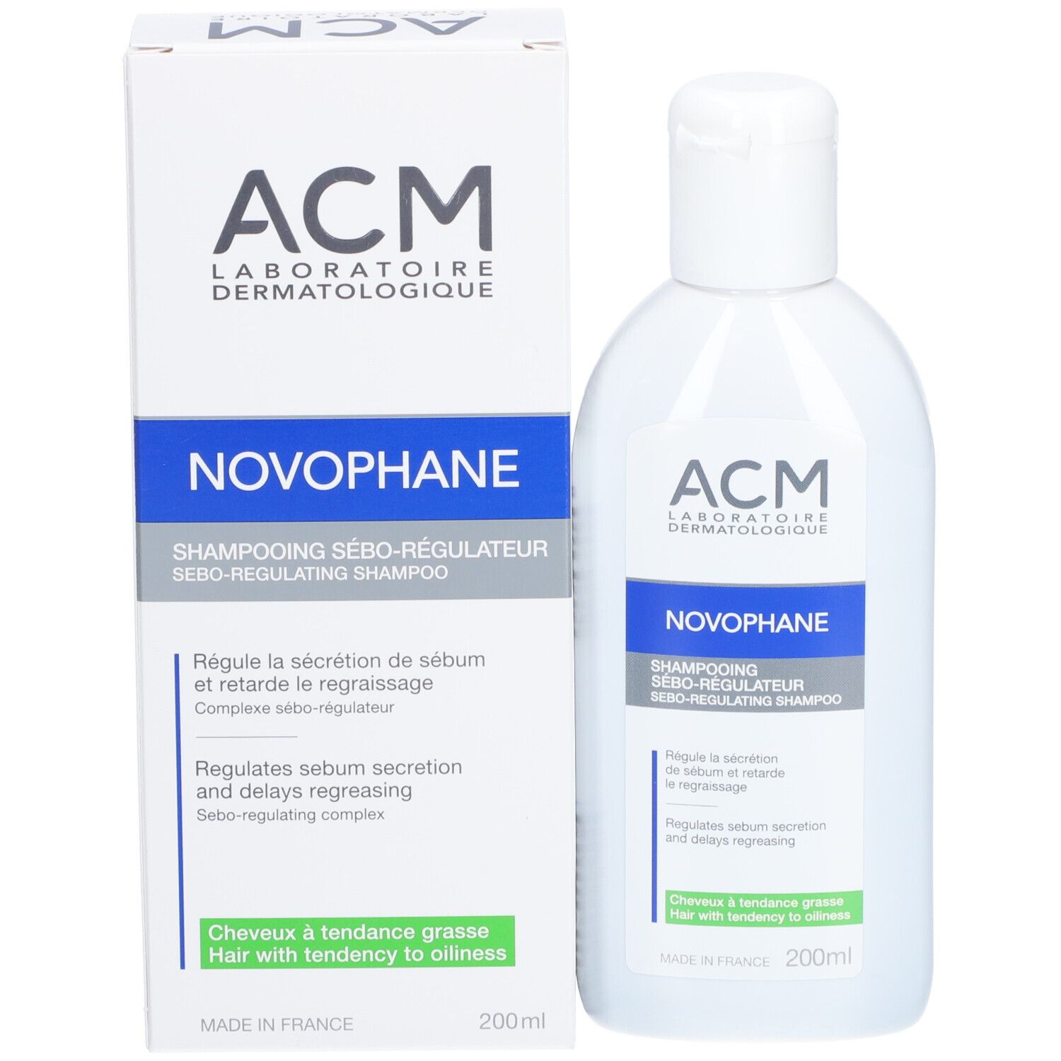 Emballage et flacon. Inscriptions: ACM, Novophane, Shampooing Sébo-régulateur. 200ml.