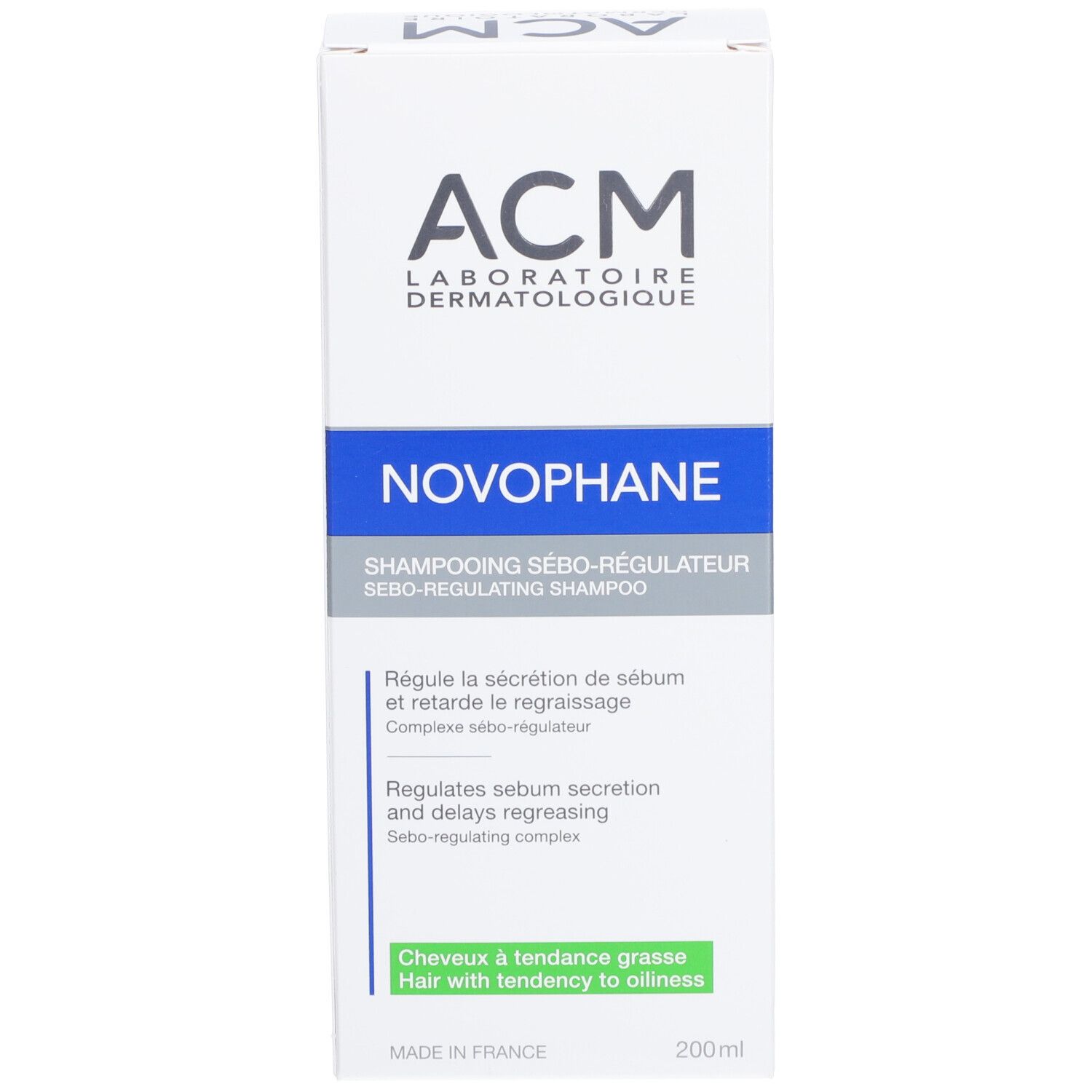 Emballage du produit. Inscriptions: ACM, Novophane, Shampooing Sébo-régulateur. 200ml.