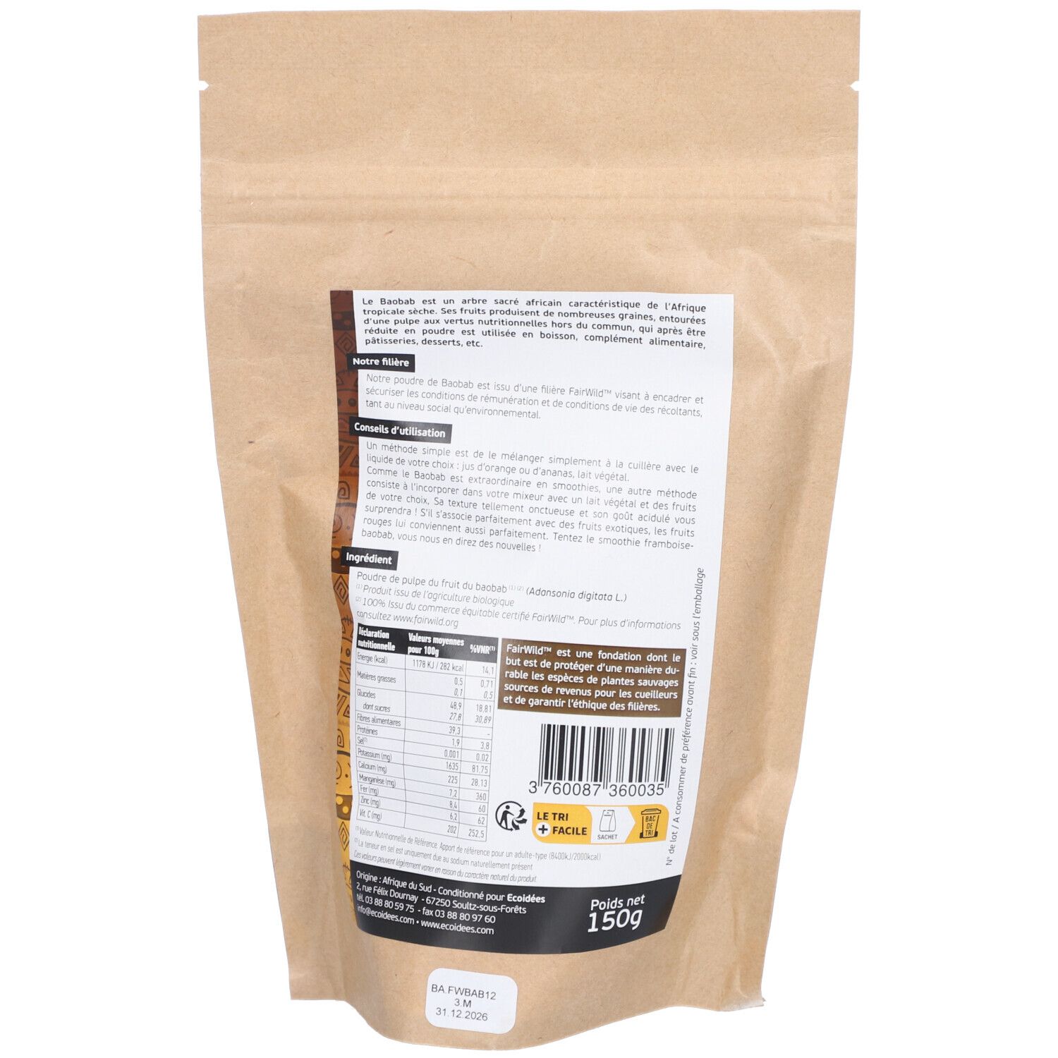 Dos du sachet ECOIDEES FRUCHT BAOBAB PDR. Informations textuelles, tableau nutritionnel et code-barres. Emballage brun.