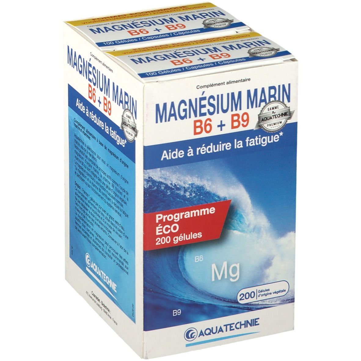 Boîte de AQUATECHNIE Marine Magnesium B6 + B9. Contient 200 gélules. Inscription : "Aide à réduire la fatigue".