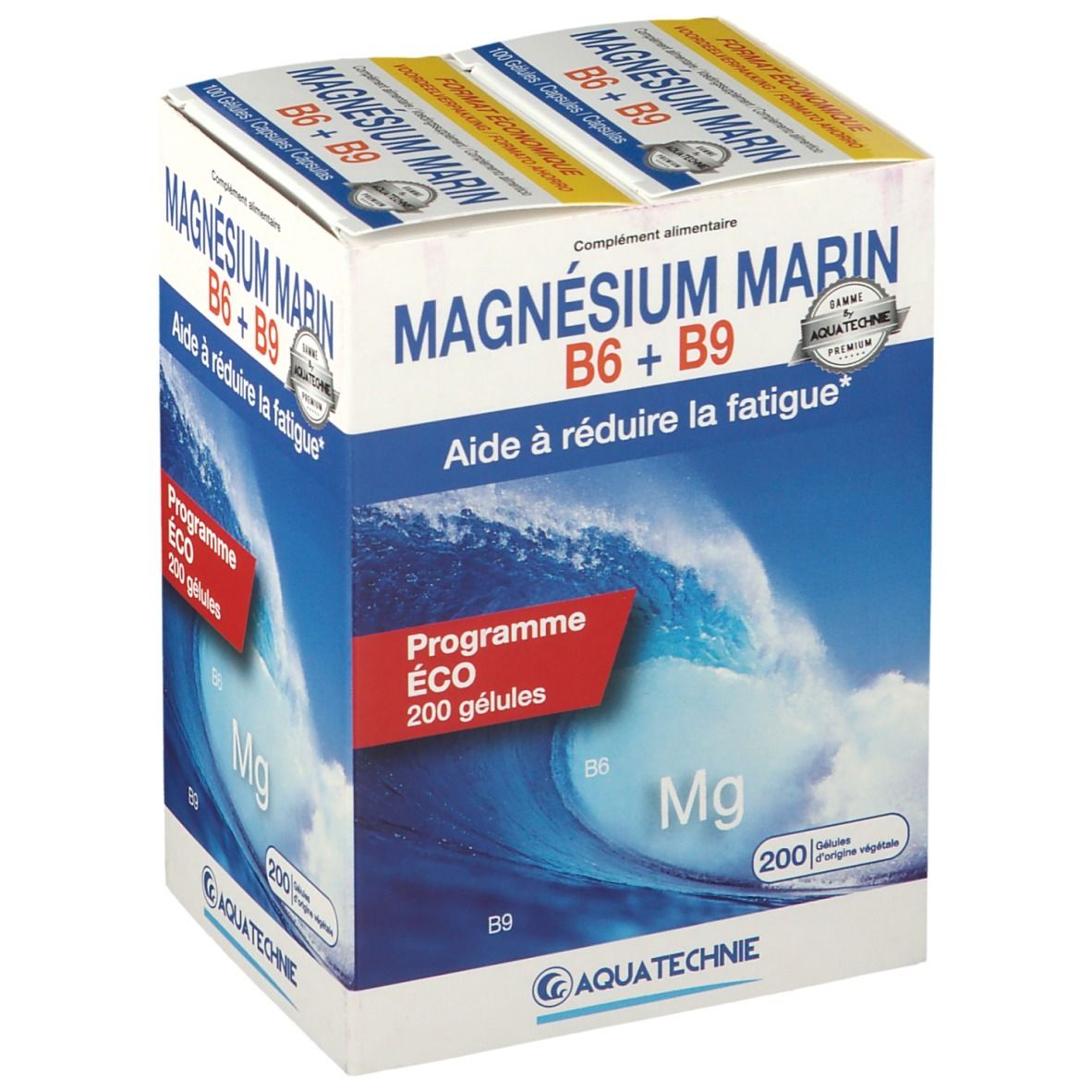 Boîte de AQUATECHNIE Marine Magnesium B6 + B9. Contient 200 gélules. Inscription : "Aide à réduire la fatigue".