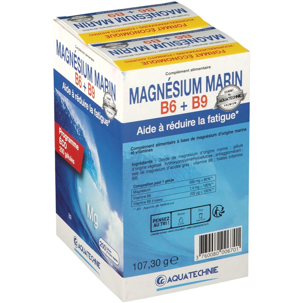 Boîte de AQUATECHNIE Marine Magnesium B6 + B9. Contient 200 gélules. Inscription : "Aide à réduire la fatigue".