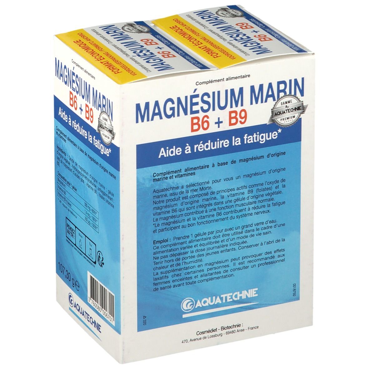 Boîte de AQUATECHNIE Marine Magnesium B6 + B9. Contient 200 gélules. Inscription : "Aide à réduire la fatigue".