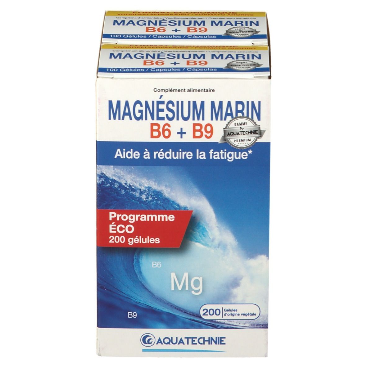 Boîte de AQUATECHNIE Marine Magnesium B6 + B9. Contient 200 gélules. Inscription : "Aide à réduire la fatigue".