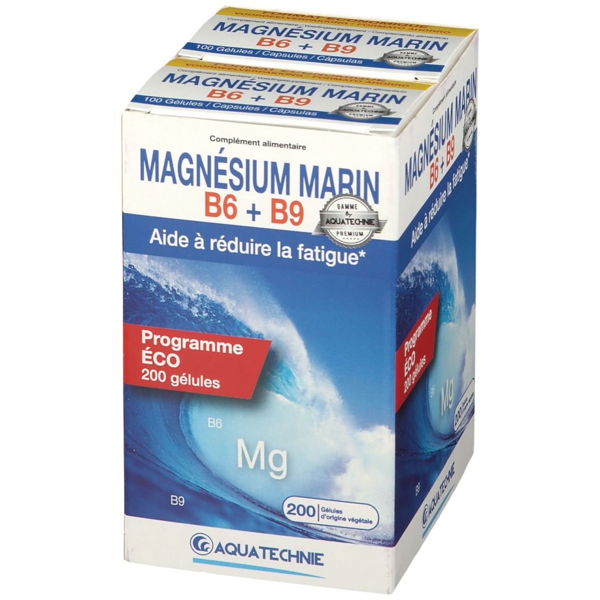 Boîte de AQUATECHNIE Marine Magnesium B6 + B9. Contient 200 gélules. Inscription : "Aide à réduire la fatigue".