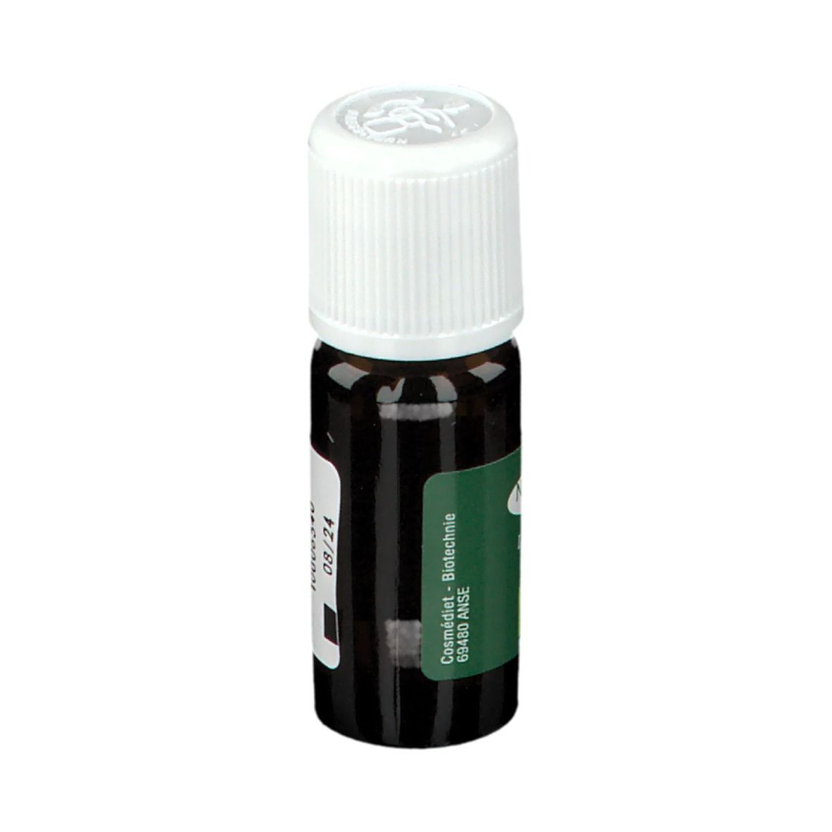 Flacon en verre brun avec bouchon blanc. Étiquette avec texte: Cosmétique - Biotechnologie. Code.