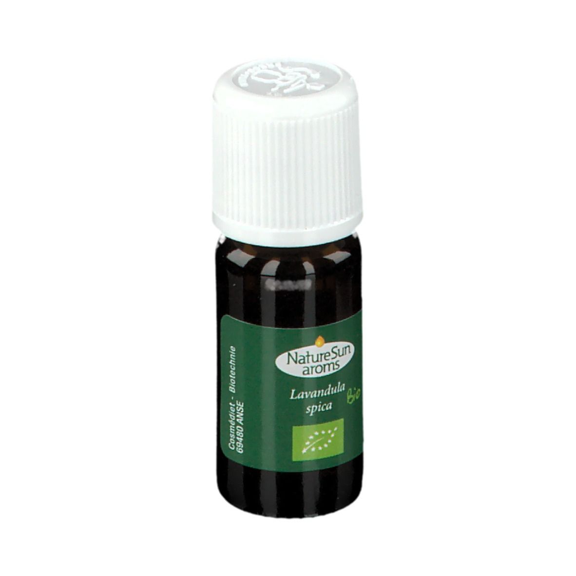 Flacon en verre brun avec bouchon blanc. Étiquette avec texte: NatureSun aroms, Lavandula spica Bio. Label bio.