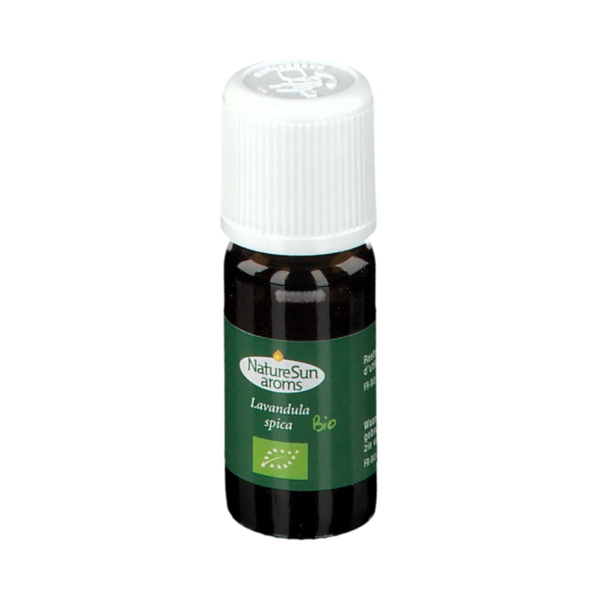 Flacon en verre brun avec bouchon blanc. Étiquette verte et blanche avec texte: NatureSun aroms, Lavandula spica Bio. Label bio.