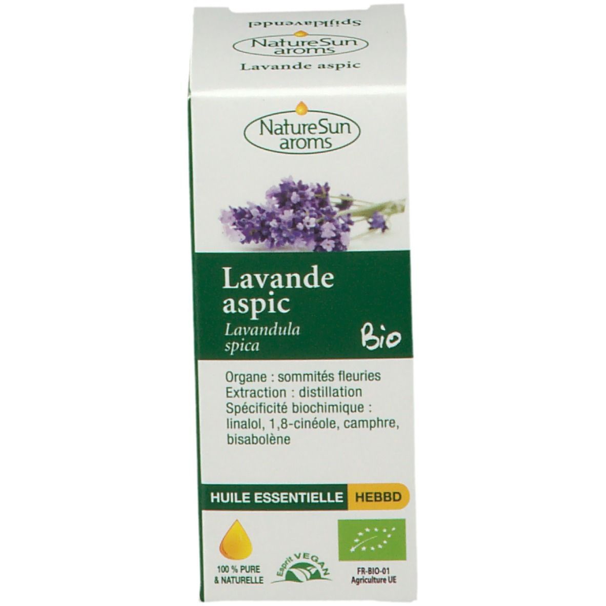 Carton avec texte: Lavande aspic, Lavandula spica Bio. Label HEBBD. Illustration de fleurs de lavande.