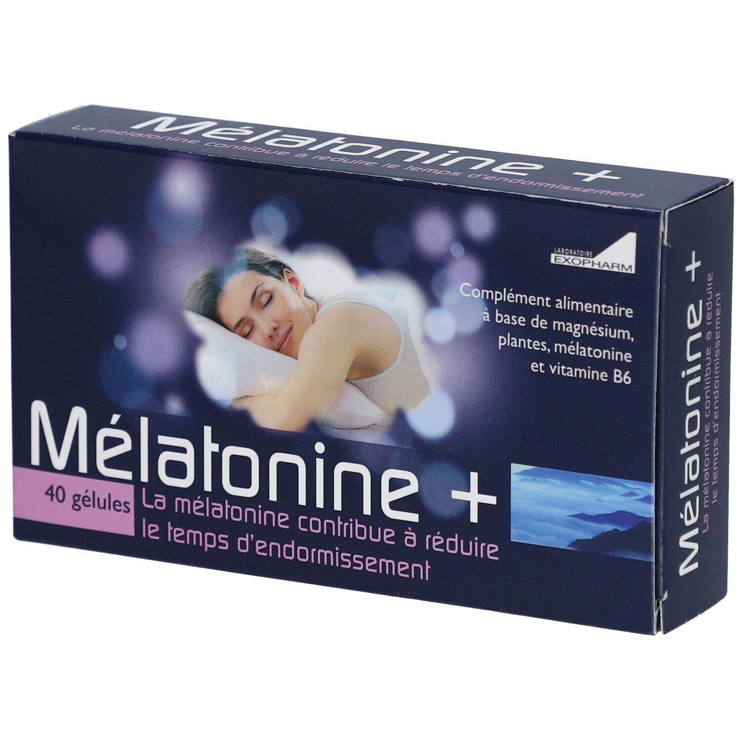 Boîte de Melatonine+ 40 gélules. Femme dormant, nom du produit, ingrédients, Exopharm.