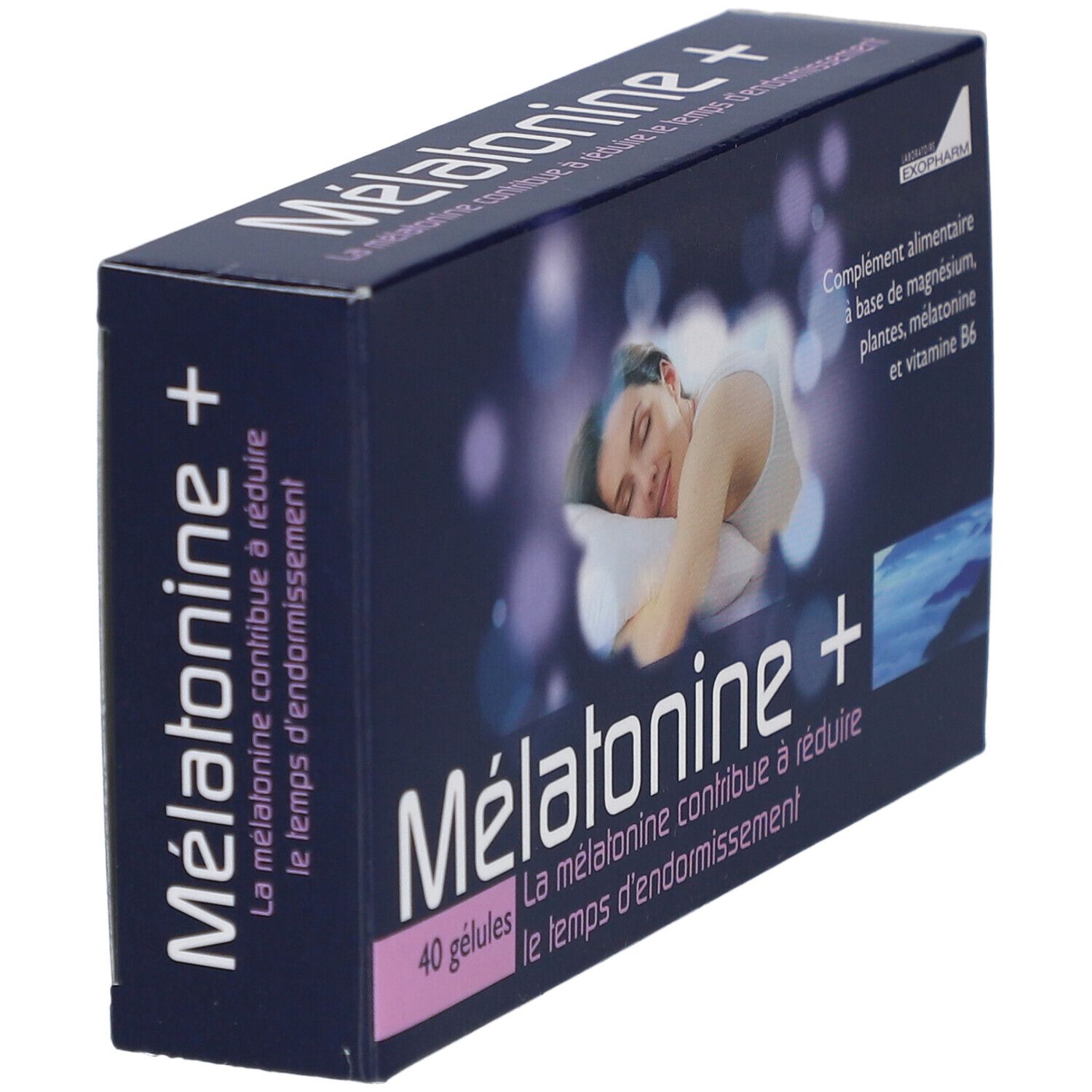 Boîte Melatonine+ 40 gélules. Femme dormant, nom produit, ingrédients, Exopharm. Emballage bleu.