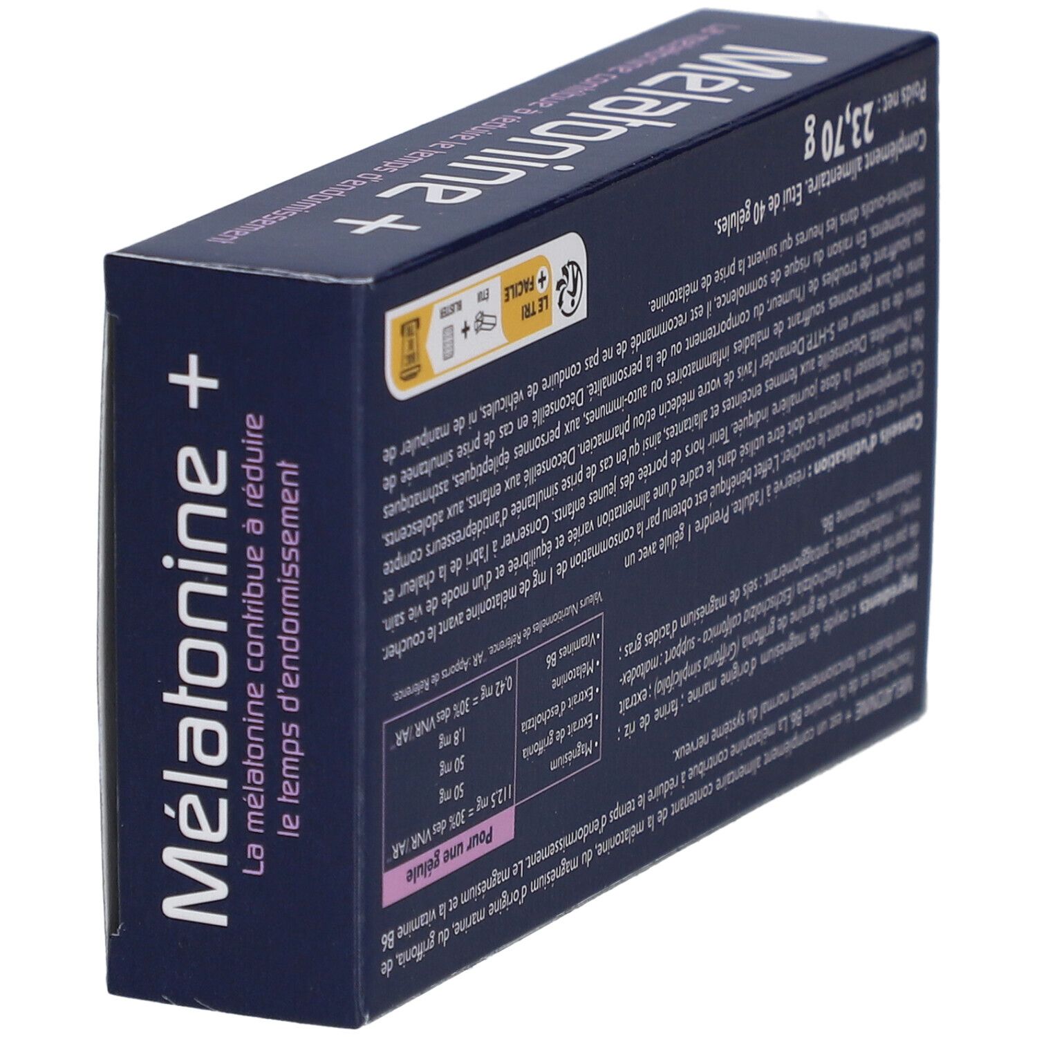 Dos de la boîte Melatonine+ 40 gélules. Texte: ingrédients, dosage, informations fabricant, Exopharm.