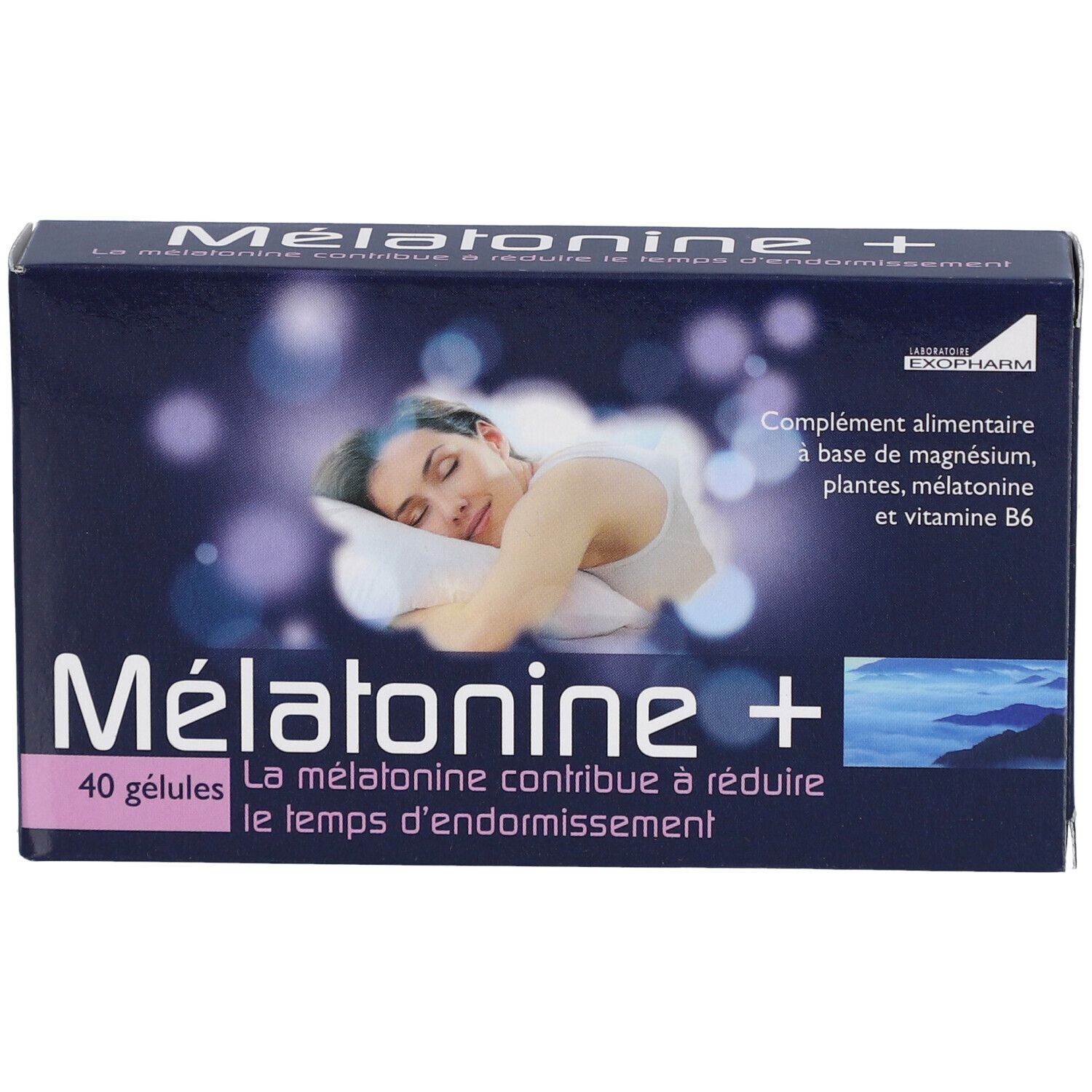 Boîte bleue avec nom et logo du produit. Contient 40 gélules. Image d'une personne endormie.