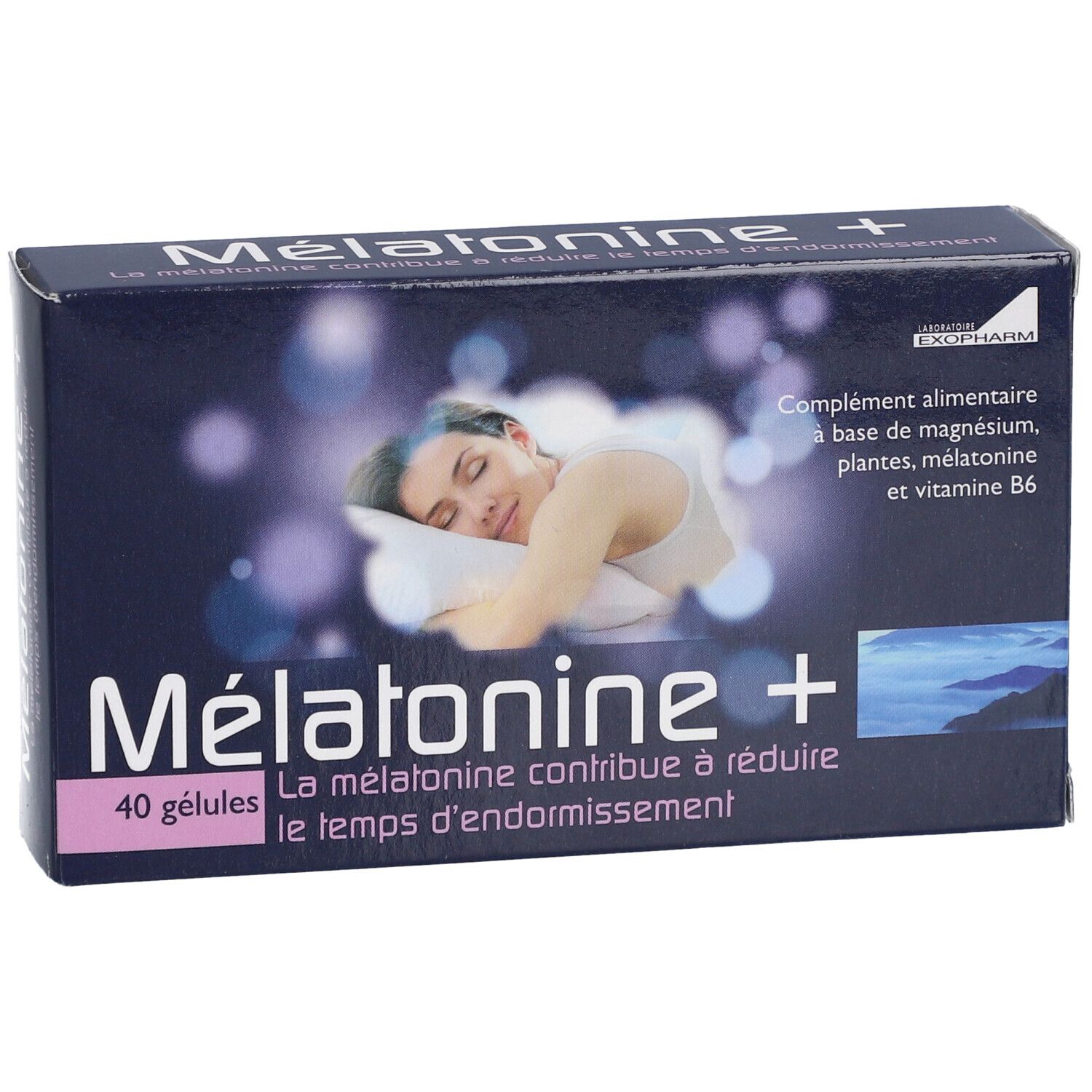 Boîte Melatonine+ 40 gélules. Femme dormant, nom produit, ingrédients, Exopharm. Emballage bleu.