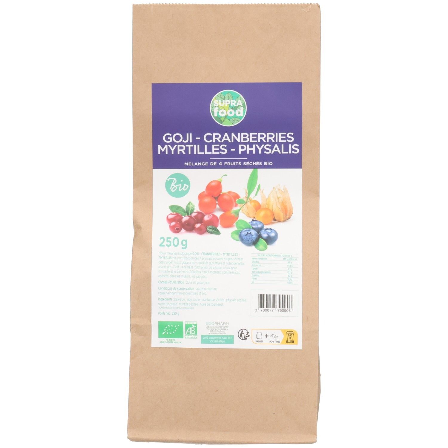 Sachet en papier avec impression. Inscription: SUPRAFOOD, GOJI - CRANBERRIES, MYRTILLES - PHYSALIS. Label Bio. 250g.