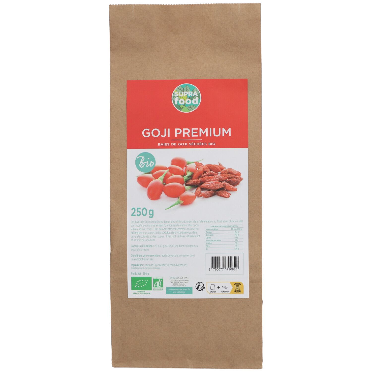 Sachet en papier brun avec étiquette rouge. Inscription: GOJI PREMIUM BIO. Illustration de baies de goji. Poids: 250g. Label bio.